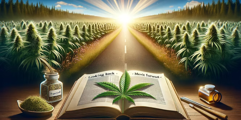 An image of a hemp leaf sitting inside of a book, set against a road which runs between to hemp fields into the setting sun.