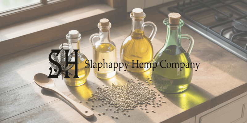 a countertop with bottles of various cooking oils, a wooden spoon, and hemp seeds